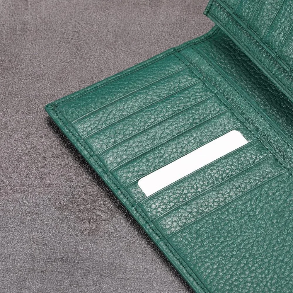 Men's Dark Green Full Grain Leather Long Bifold Wallet Credit Card Slots Style